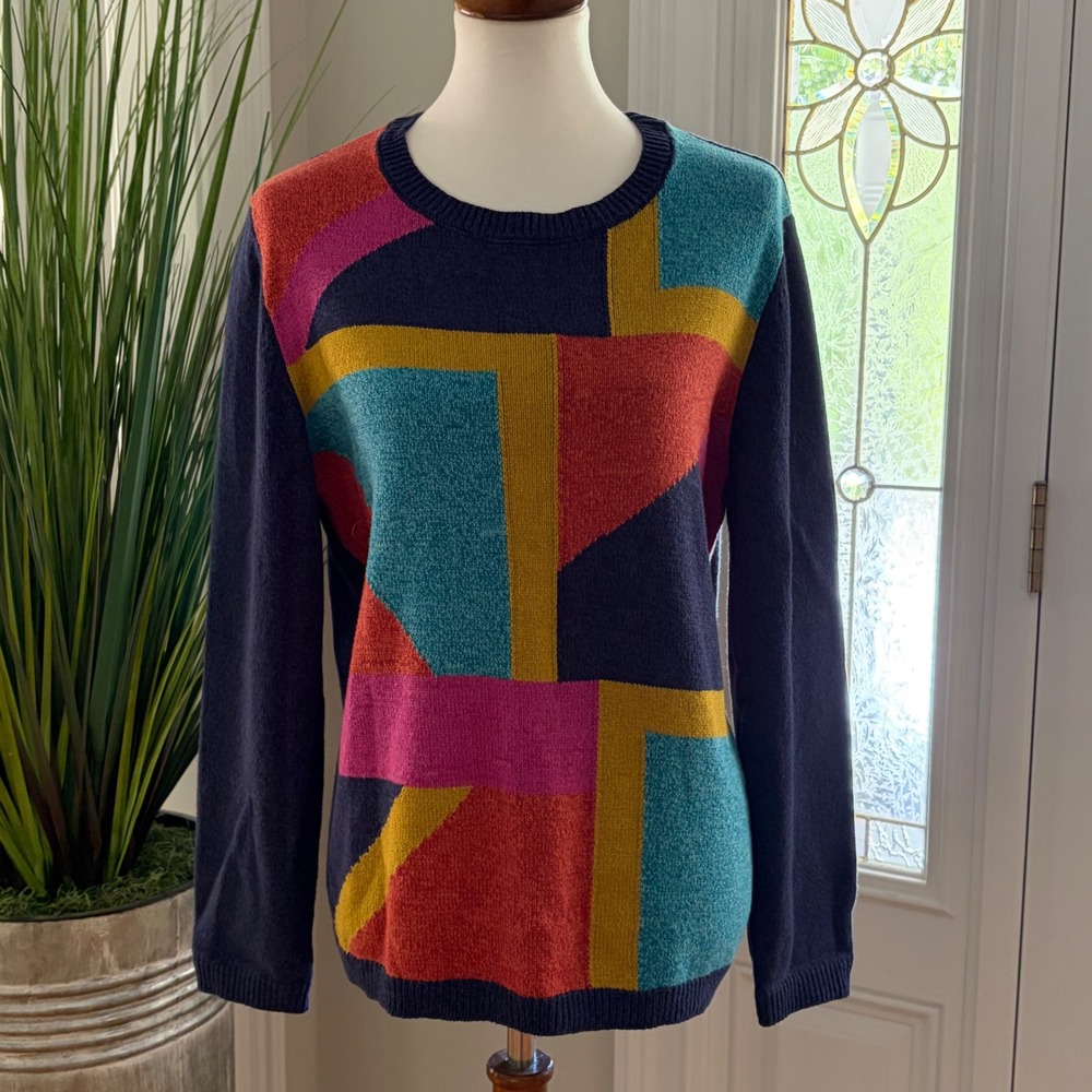 Alfred Dunner Womens Medium Colorblock Geometric Knit Sweater Blue Multi Vibrant